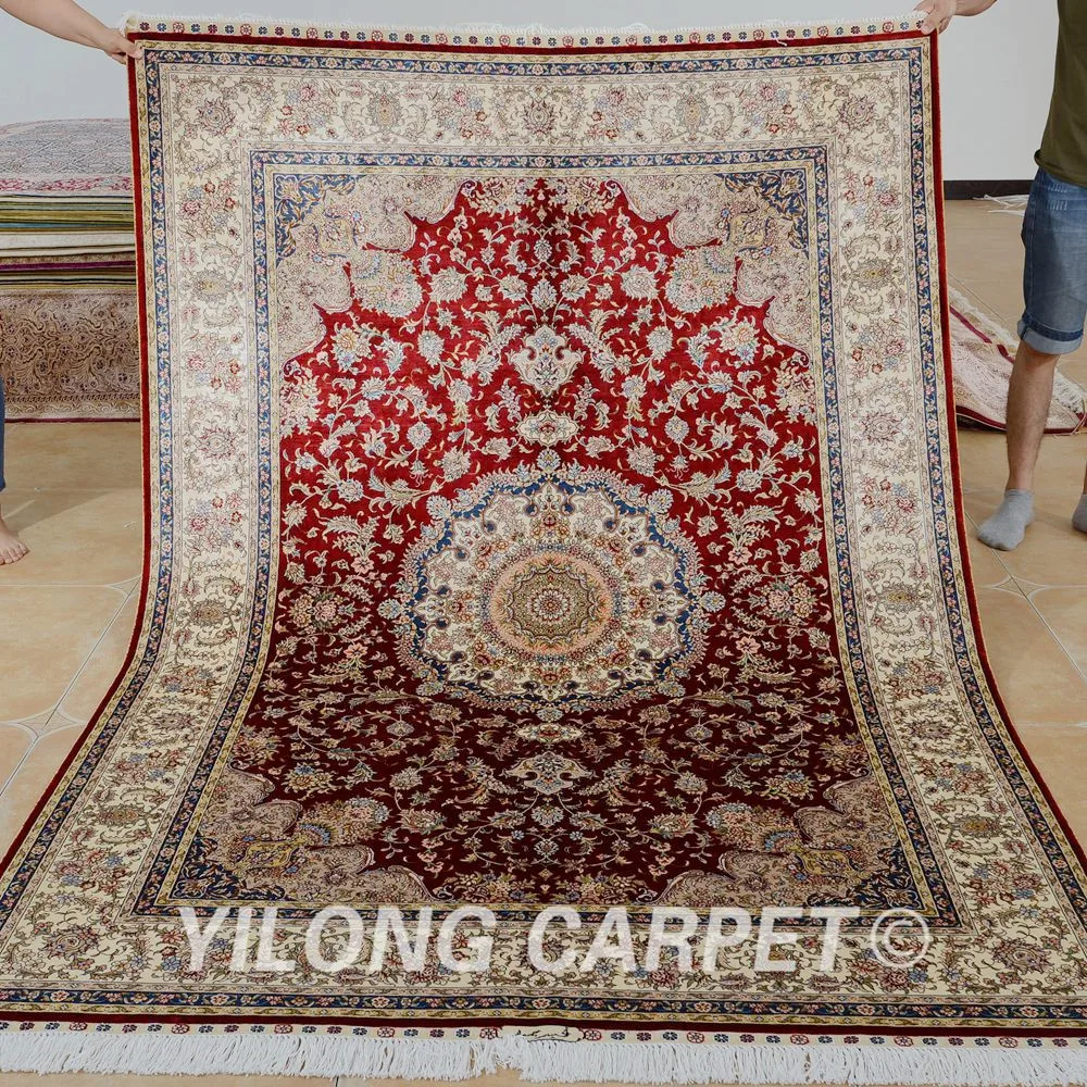 Yilong 5'x7.5' Persian silk carpet blue medallion exquisite hand