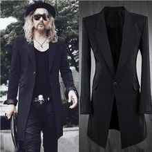 Mens lapel collar slim fit long blazer jacket one button coat suit black y45 Mens lapel collar slim fit long blazer jacket one button coat suit black y45