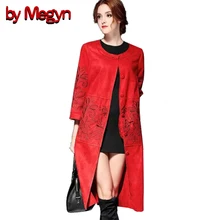 by Megyn M XXXL Cashmere Floral Embroidery Trench Coat Long Outwear 2017 Spring Autumn Plus Size
