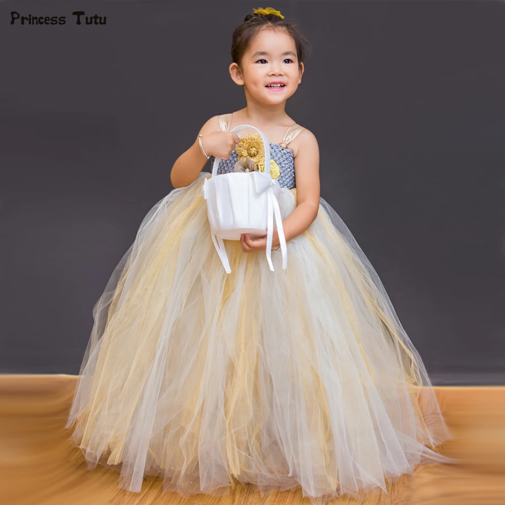 Серое, бежевое, Золотое Платье-пачка для девочек фатиновое платье с цветочным узором для девочек бальное платье принцессы для девочек, детское платье для свадьбы, дня рождения, От 1 до 14 лет