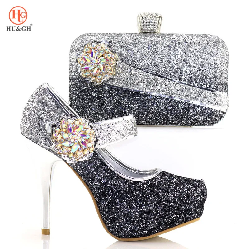

New 2018 African Design Black Shoes And matching Bags Italian Style High Heels With Stones Shoes And Bag Set For Party Wedding