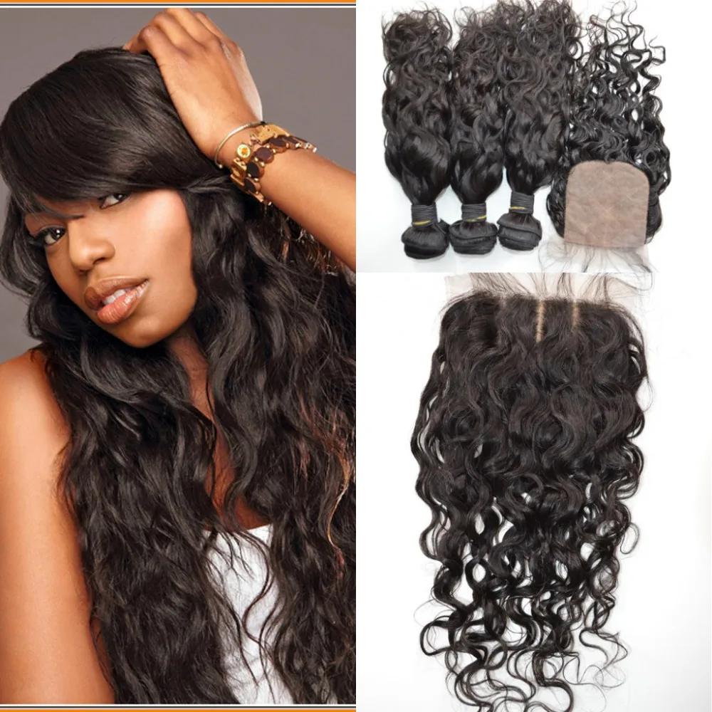 8a Brazilian Virgin Hair 4pcs Beyonce Water Wave 3 Way Part Silk