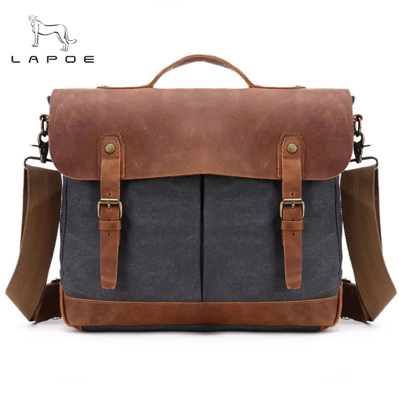 Vintage Leather & Canvas men briefcase Business bag Portfolio men