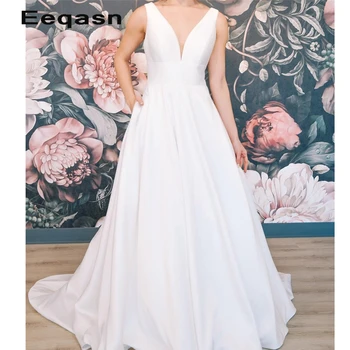 

2020 New Design Cheap A Line Satin Wedding Dresses Simple Elegant Court Train Bridal Gowns Zipper with Buttons Custom Size
