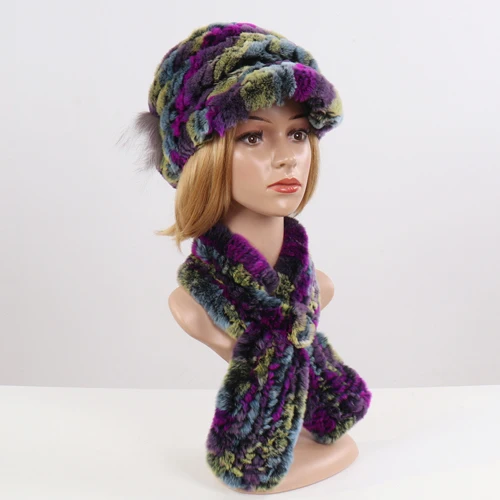 colorful 1 Новинка, модная меховая шапка для девушек, женская зимняя шапка, натуральный настоящий мех кролика, шапка, шарф, люкс Качество, женская шапка из натурального меха, глушитель - Цвет: colorful 1