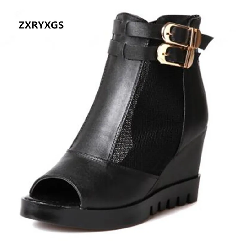 

New Cowhide Mesh Women Shoes Summer Fashion Sandals Ankle Boots 2019 Fish Mouth Wedges Sandals Leather Shoes Women Sandals Shoes