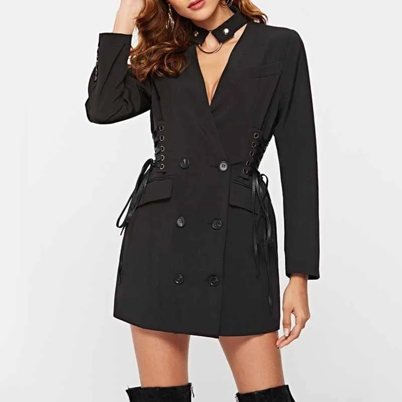 

[YaLee] New Fashion 2019 Summer Autumn V-neck Bandage Waist Full Sleeve Double Breasted Long Loose Single Suit Coat Women A718