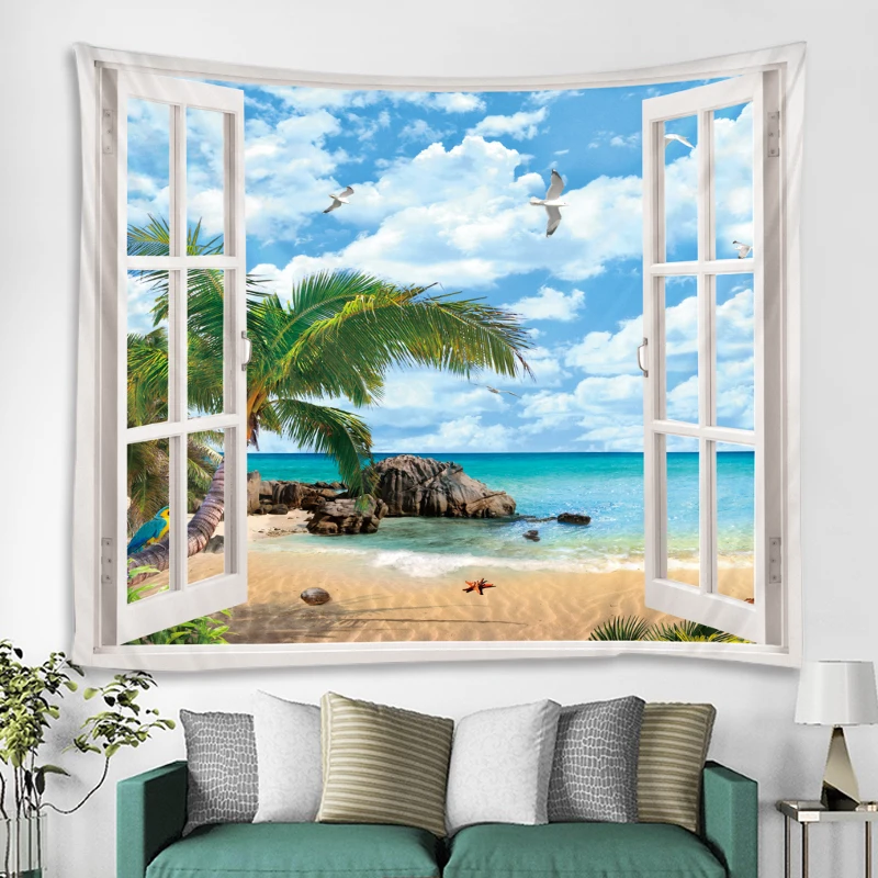 Пляж за окном Печатный гобелен дешевый хиппи настенный богемский Гобелен Мандала стена арт-деко