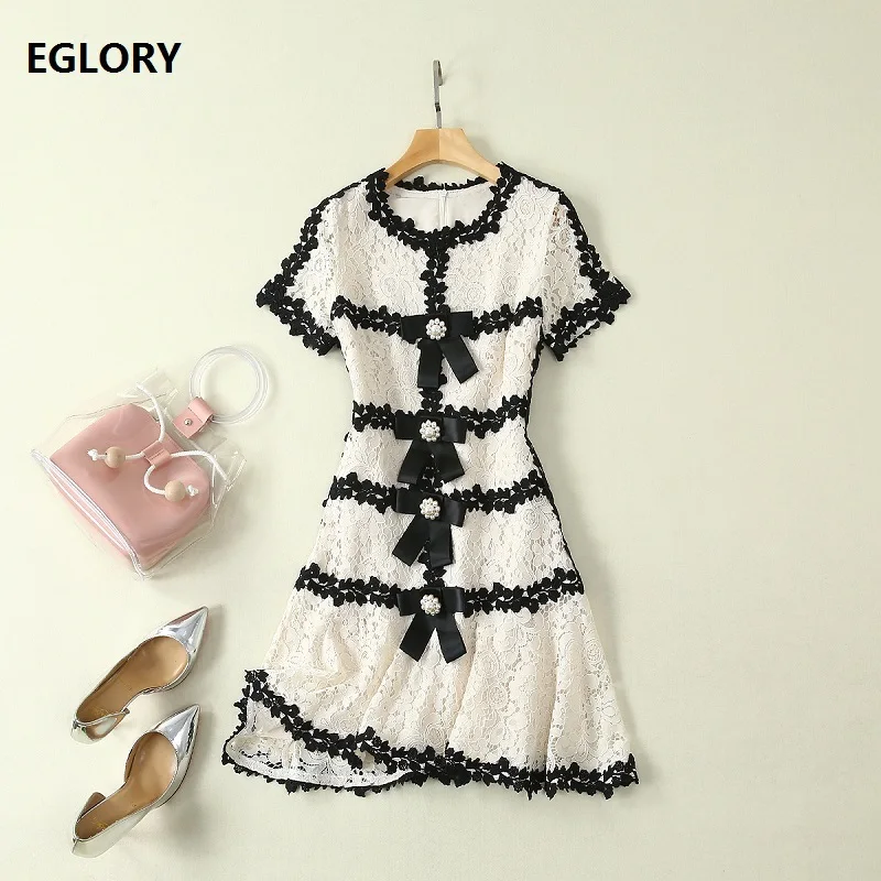 

High Quality Lace Dress 2019 Summer Fashion Style Women Beading Bow Tie Elegant Short Sleeve Lace Party Club Dress Above Knee