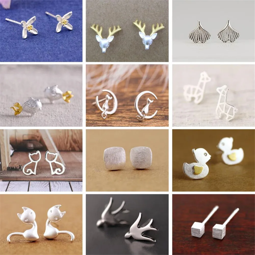 

QIAMNI Trendy Animal Deer Cat Fish Flower Square Bird Duck Stud Earrings for Women Party Birthday Gift Charm Pendientes Bijoux