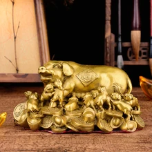 Feng Shui Handmade Chinese Attracting Wealth Pig with little pigs Statue Decoration Gift Brass Finish Pig Collectible Figurines social interaction between grow finish pigs