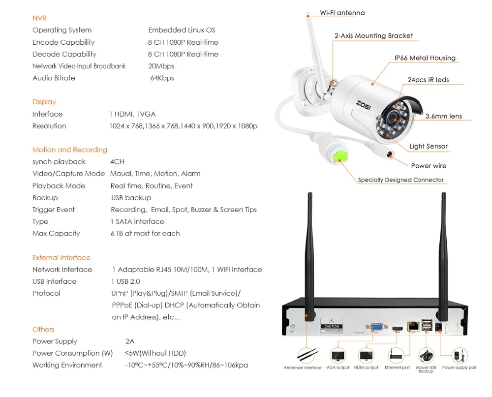 ZOSI 1080P Беспроводная система видеонаблюдения 2 ТБ HDD 2MP 8CH мощный NVR IP IR-CUT Bullet CCTV камера IP система безопасности комплекты видеонаблюдения