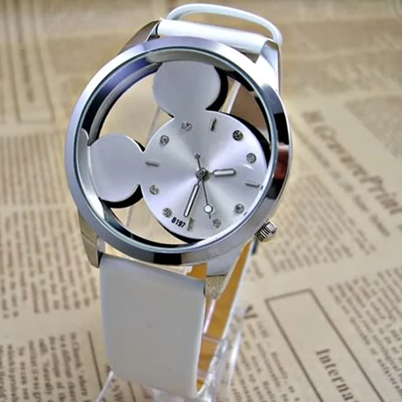

relogio feminino 2017Fashion Mickey Women Watches quartz casual transparent hollow dial leather wristwatches women dress watch