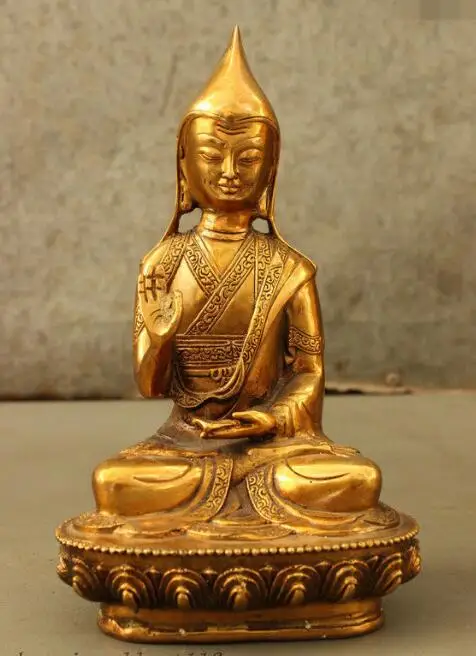 

S6996 8" Tibet Tantra Bronze Gilt Je Tsongkhapa Tsong-Kha-Pa Buddha Statue Sculpture D0318