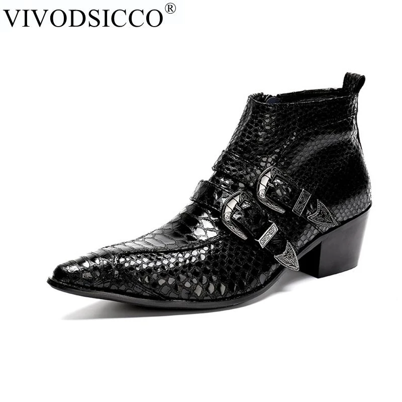 VIVODSICCO/модные мужские ботильоны из натуральной кожи, двойная декоративная застёжка, официальная модельная обувь, ботинки «Челси» с острым носком, ковбойские ботинки