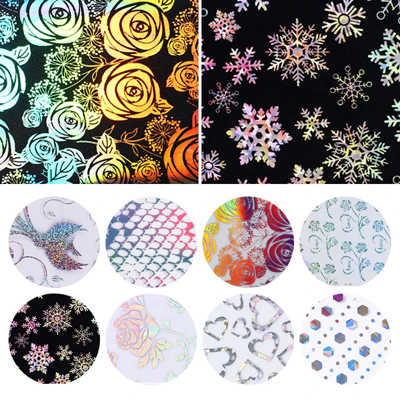  4*100cm Rose Flower Holographic Nail Foil Christmas Snowflake Starry Paper Heart Hexagon Manicure N