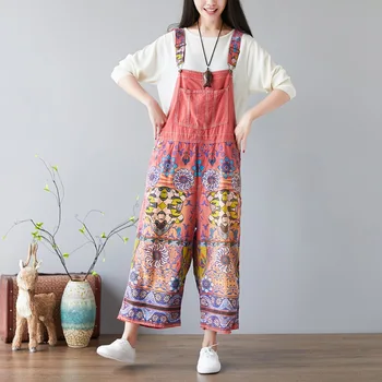 

Baggy Denim Jumpsuits Female Plus Size Vintage Print Bib cowboy Pants Suspenders Harem Rompers Harajuku drop Crotch Jeans YT093
