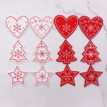 

10pcs DIY White&Red Tree/Heart/Star Wooden Pendants Ornaments for Christmas Party DIY Hanging Supplies Kids Gifts Decorations