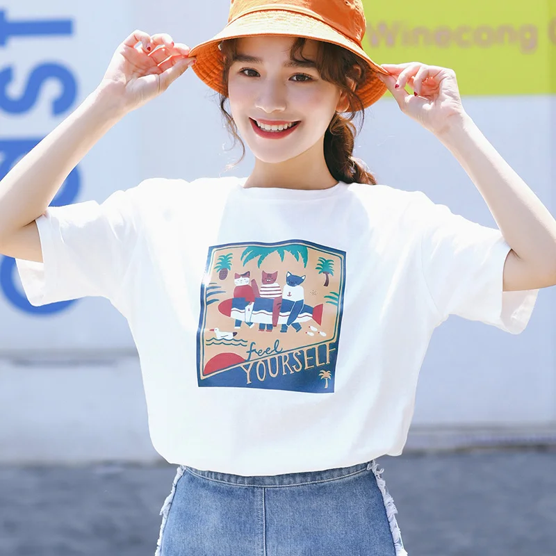 

Harajuku Print Cat Fashion Funny Vintage T Shirts Women 2019 Summer Casual cotton Tops&Tees O-Neck Short Sleeved shirts Tumblr