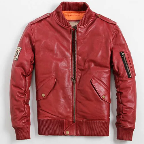Кожаный пуховик для мужчин короткая летная куртка из овчины Натуральная Авиатор верхняя одежда TJ01 - Цвет: Красный