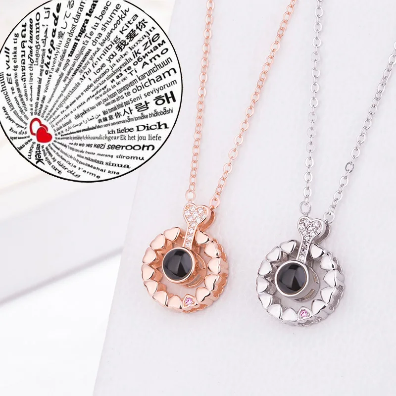

Women Girl Rose Gold Silver 100 Languages Projection Pendant Necklace Fashion Heart Romantic I Love You Memory Wedding Necklace