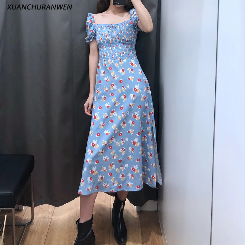

New Vintage Floral Waist Mid Calf Dress Puff Sleeve Lace Up Square Collar Printed Elegant Party Preppy Style Dress WB9210