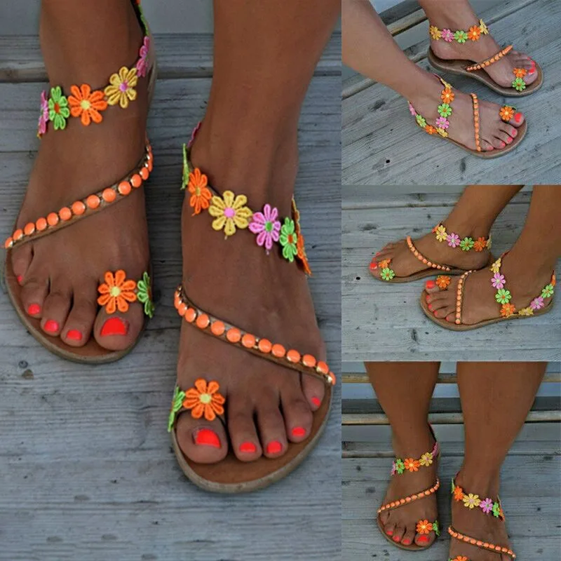 

Women Boho Colored Flower Cross Toe Ring Flat Sandals for Summer Beach -OPK