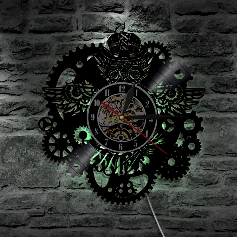 Настенные часы с виниловой пластинкой, современный дизайн, 3D декоративные часы в стиле стимпанк, 7 различных цветов, светодиодный светильник, настенные часы, домашний декор