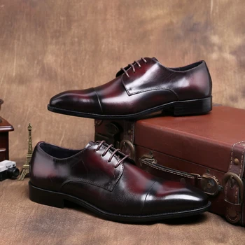 

Handmade Italy Mens Dress Real Leather Derby Shoes Formal Office Businessman Lace up Party Prom Barque Male Oxfords