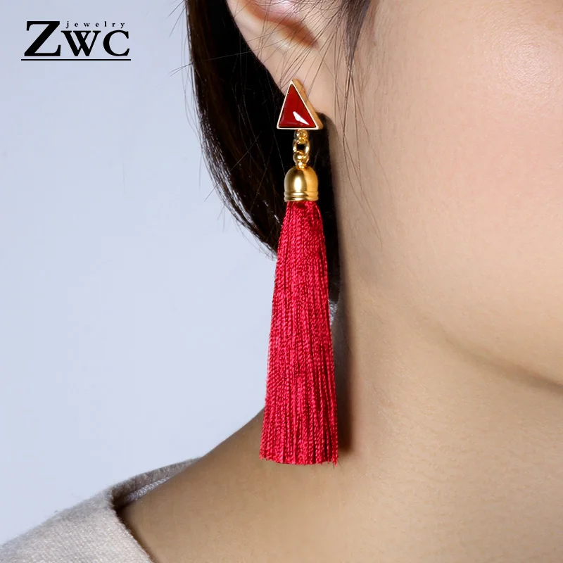 ZWC модные очаровательные длинные треугольные серьги-капли с кисточками для женщин и девушек, вечерние этнические многоцветные Ювелирные серьги в подарок