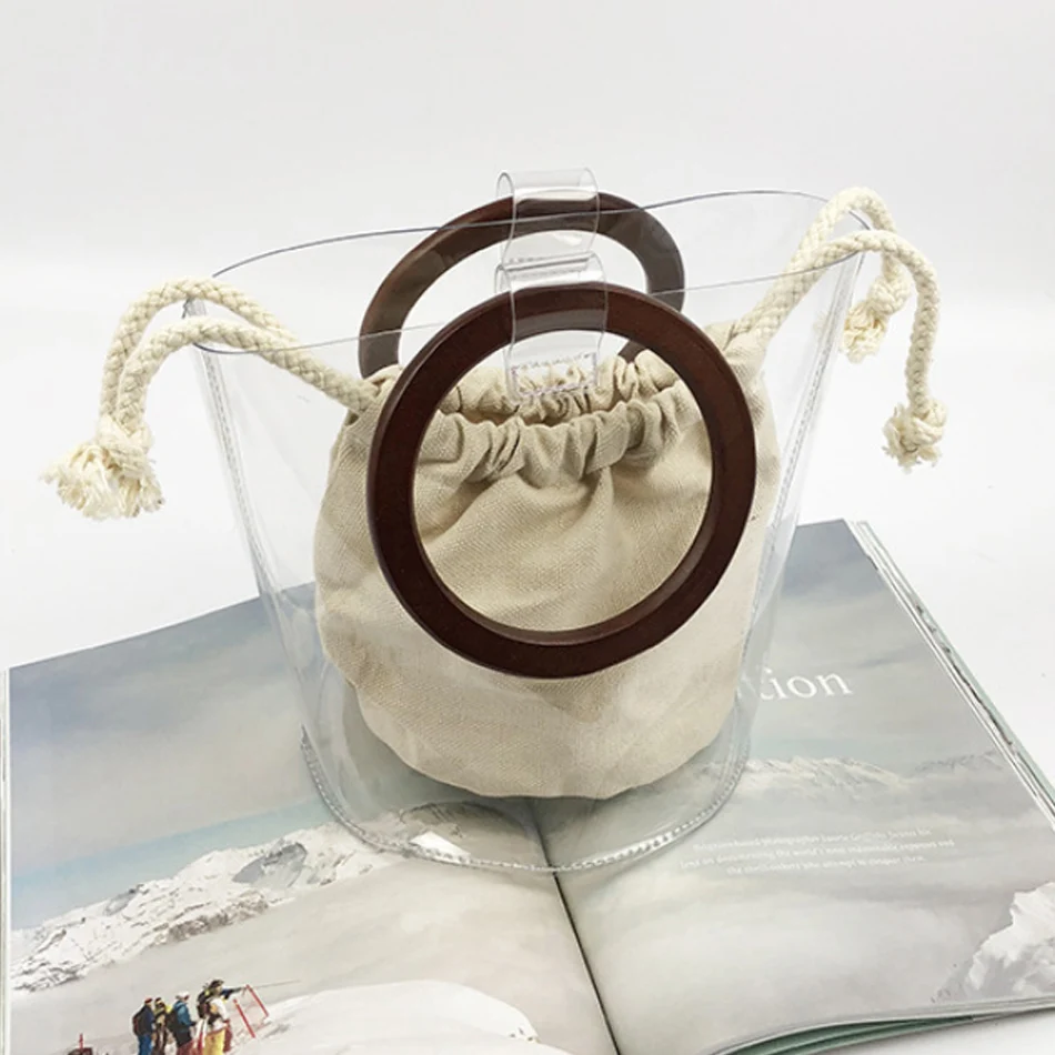 Солнечный пляжный шикарный Ins прозрачный женский мешок-ведро прозрачный пакет из ПВХ прозрачная маленькая сумочка Женская Корейская деревянная сумочка-браслет