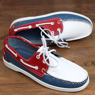 

Spring Summer Men's Retro Style Handmade Leather Casaul Shoes Flat Lace Up Couple Driver's Loafers Boat Shoes B 35-46