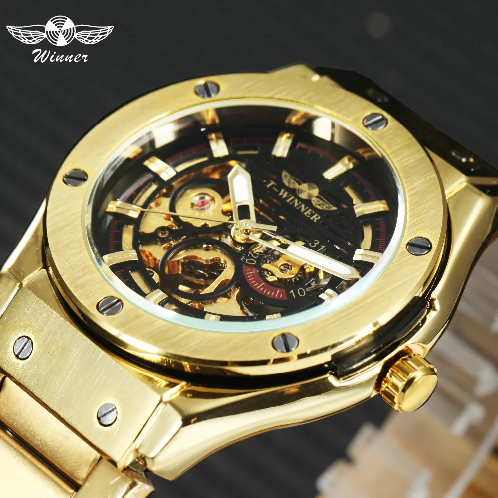 

WINNER Hip Hop Golden Men Auto Mechanical Watch Metal Strap Skeleton Dial Top Brand Luxury Design FORSINING Male Wrist Watches