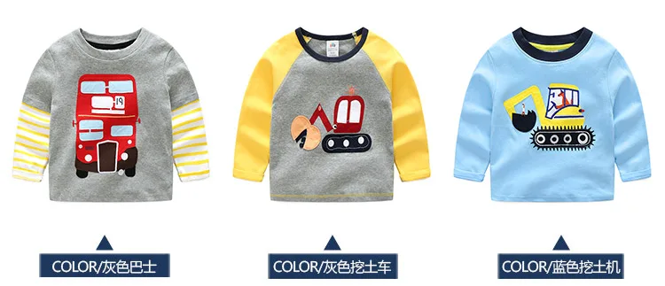 2018 Spring Autumn For 2-9 10 Years Children Cotton Striped Patchwork Cartoon Car Bus Truck Baby Kids Boys Long Sleeve T Shirts (7)