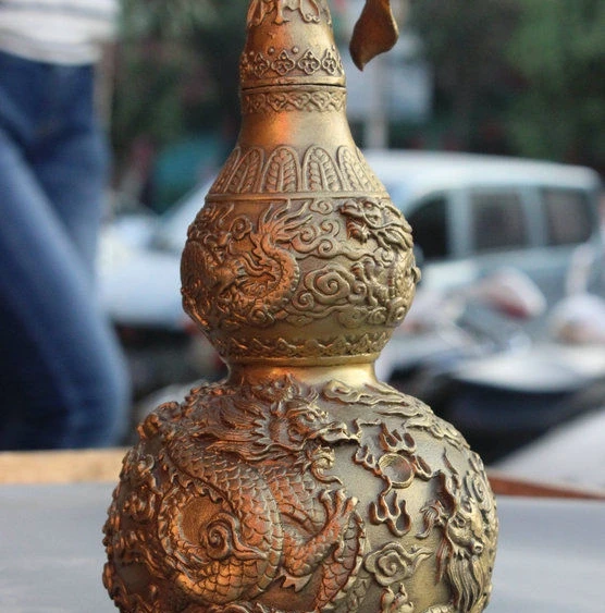 

8" Folk China FengShui Brass JiXiang Dragon Play Bead Statue Wine Pot Flagon