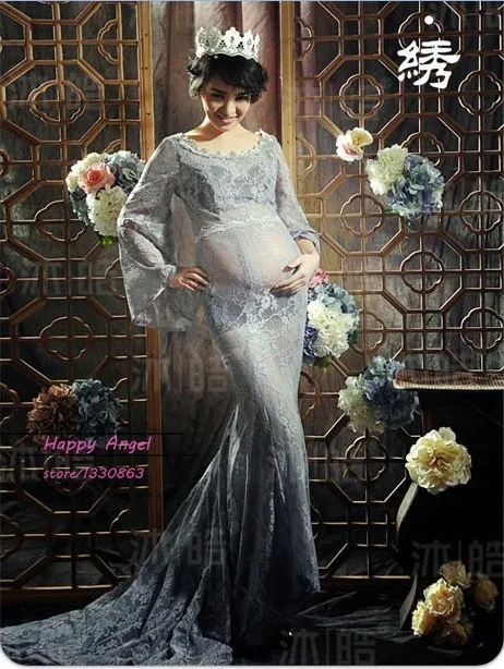 Беременная женщина Подставки для фотографий фотосессии красивое серое кружевное платье для беременных платье со шлейфом двух Слои изящное цельнокроеное платье детского дня рождения