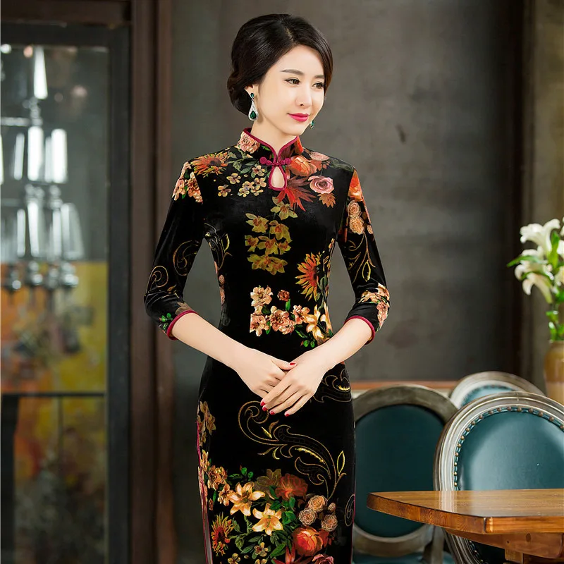 Maxi Vestido para mujeres de terciopelo estilo tradicional chino Túnica Vestido Cheongsam Qipao