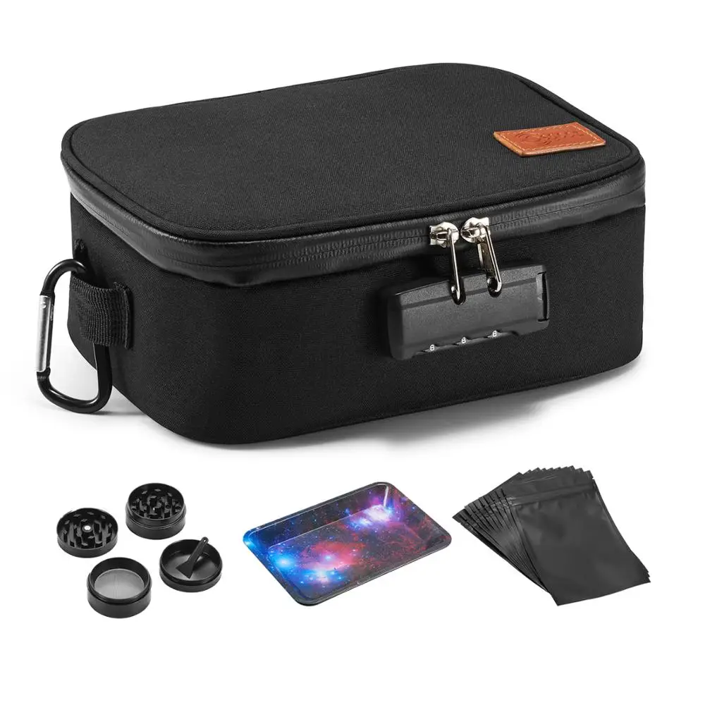 Smoking Bag with Combo Lock Smell proof bag smell proof case with rolling accessories (Grinder+rolling plate+10 mylar bags)