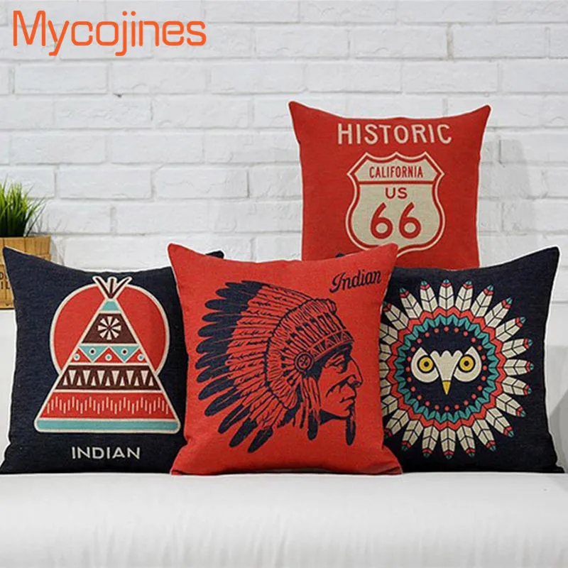

American Indian Feather Cushion Cover Black Owl Pillow Cover USA History 66 Route Pillowcase Home Decorative Throw pillows Cojin