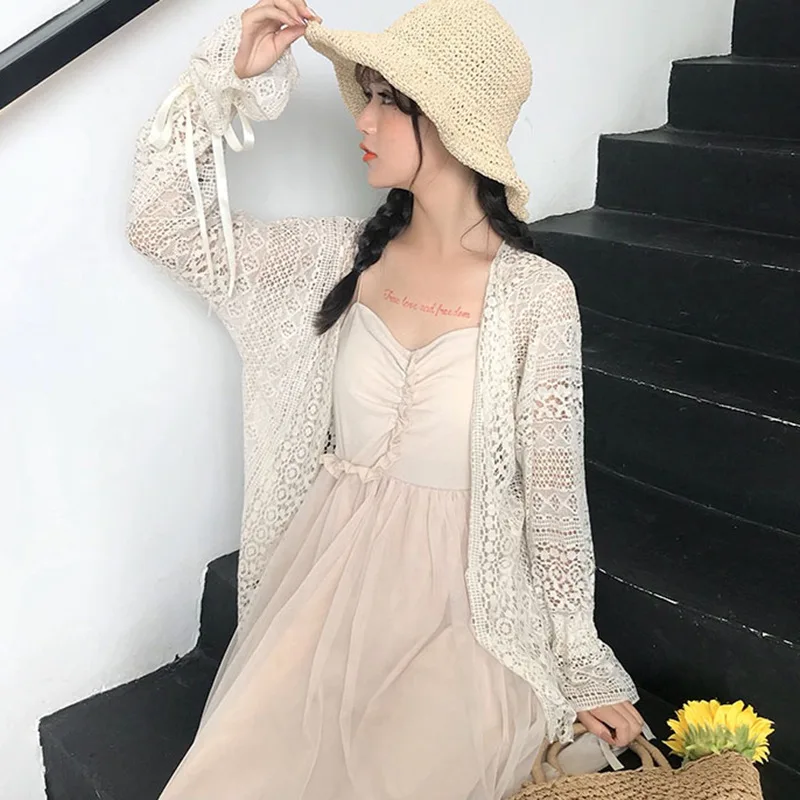 Summer Sexy Hollow Out Blouse Bikini Cover Up Batwing Sleeve Women Kimono Cardigan Female Sun Protection Lace Tops Blusas | Женская