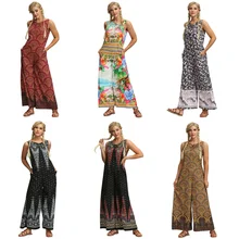 Летние женские комбинезоны без рукавов Модный богемный стиль наряд Boho Цветочный Принт Комбинезон Femme широкие свободные длинные брюки