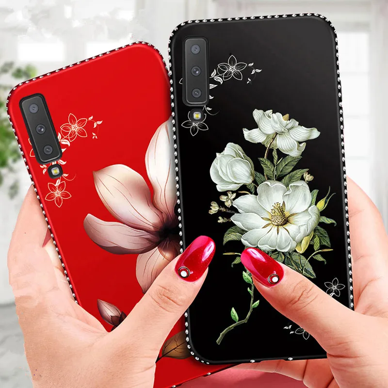 

3D Flower Luxury Case For Samsung galaxy A7 A6 A5 Plus 2018 Bing Diamond Matte Soft Cover For A750 A605 A530 Glitter Coque Caso