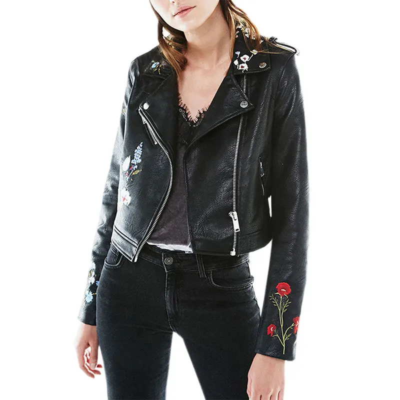 Damen Stickerei Blumenmuster PU Leder Kurz Mantel Jacke Nieten Zipper Rock Punk Damen Stickerei Blumenmuster PU Leder Kurz Mantel Jacke Nieten Zipper Rock Punk