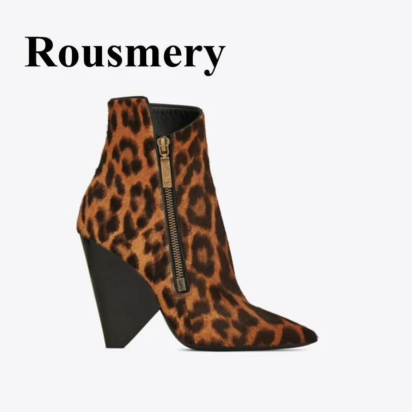 

2018 Newest Leopard Fashion Hottest Wedges Sexy Pointed Toe Side Zipper Four Color Spring And Autumn Women Short Boots