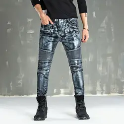 2019 новые модные мужские джинсы с принтом золотые и серебряные с покрытием на молнии складки тонкие маленькие прямые мотоциклетные брюки