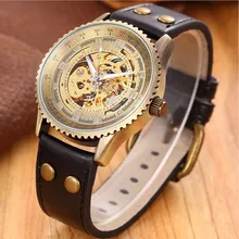 SHENHUA Top Brand Luxury Skeleton Watch Men Steampunk Vintage Bronze Automatic Mechanical Watches Leather relogio masculino