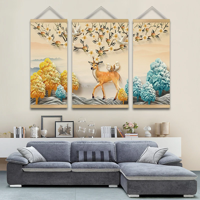 

Elk Animals Retro Linen Cloth Painting Scrolls Poster Mural Three combined paintings Banners Flag Nordic Rural style Home Decor
