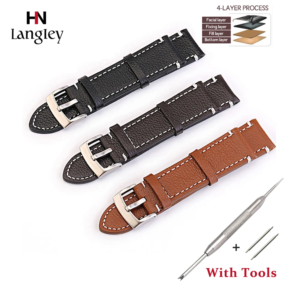 

18mm 20mm 22mm New Double dermis Cowhide Band Real Genuine Leather Watchband Business Wristwatch Strap Accessories For Men Women