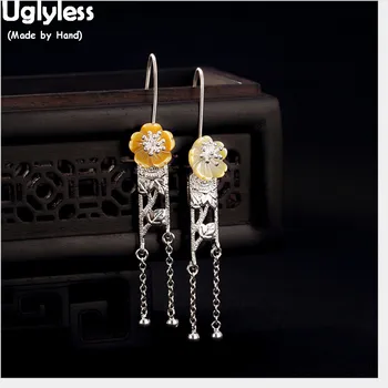 

Uglyless Ethnic Tassels Earrings for Women Natural Shell Flowers Drop Earrings 100% Real Solid 925 Silver Exotic Fine Jewelry