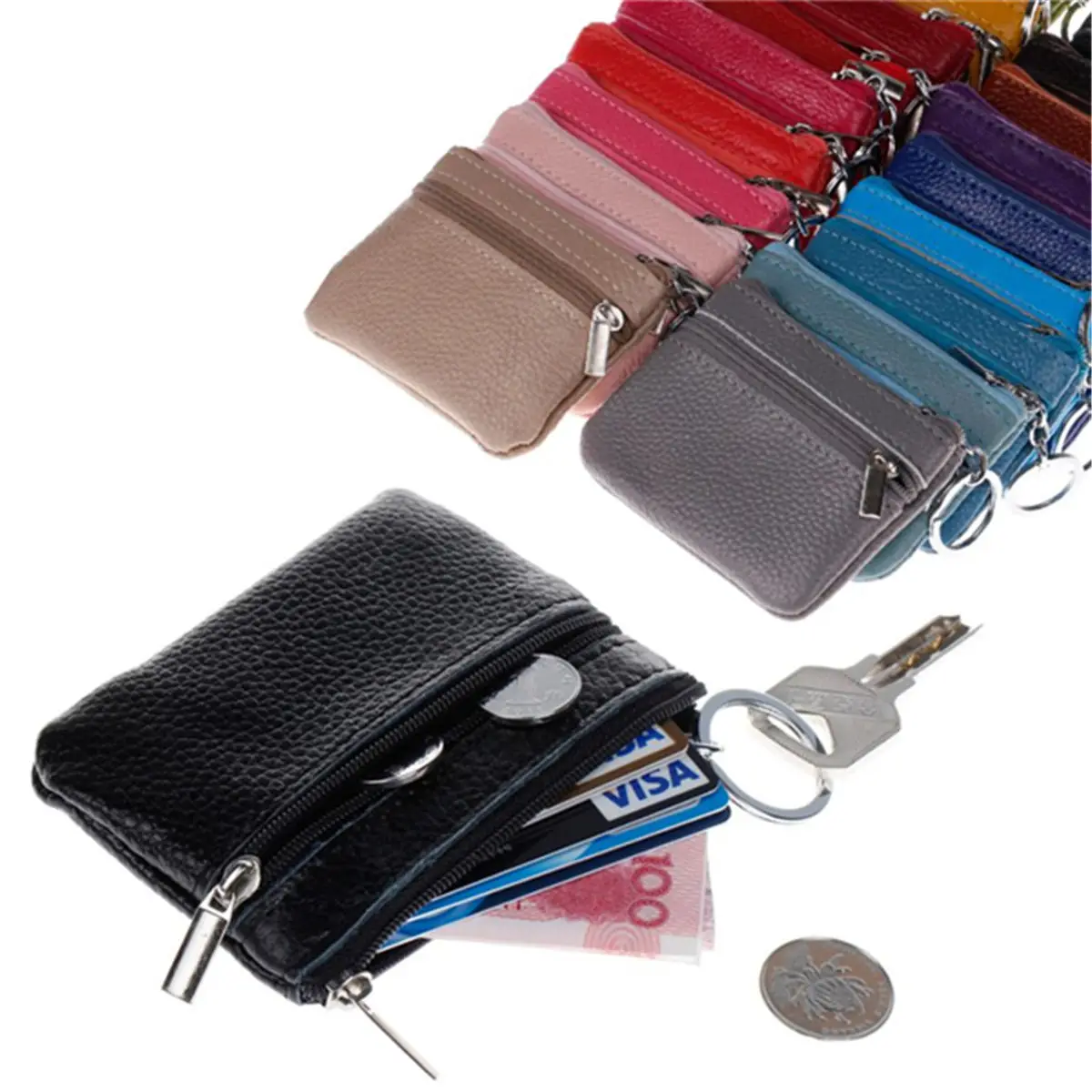 

Hot Sale Soft Men Women Card Coin Key Holder Zipper Purse Leather Wallet Pouch Change Bag Multi-color Optional